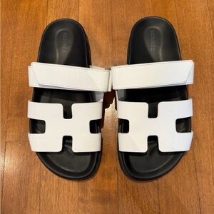 Hermes White and Black Leather H Sandals
